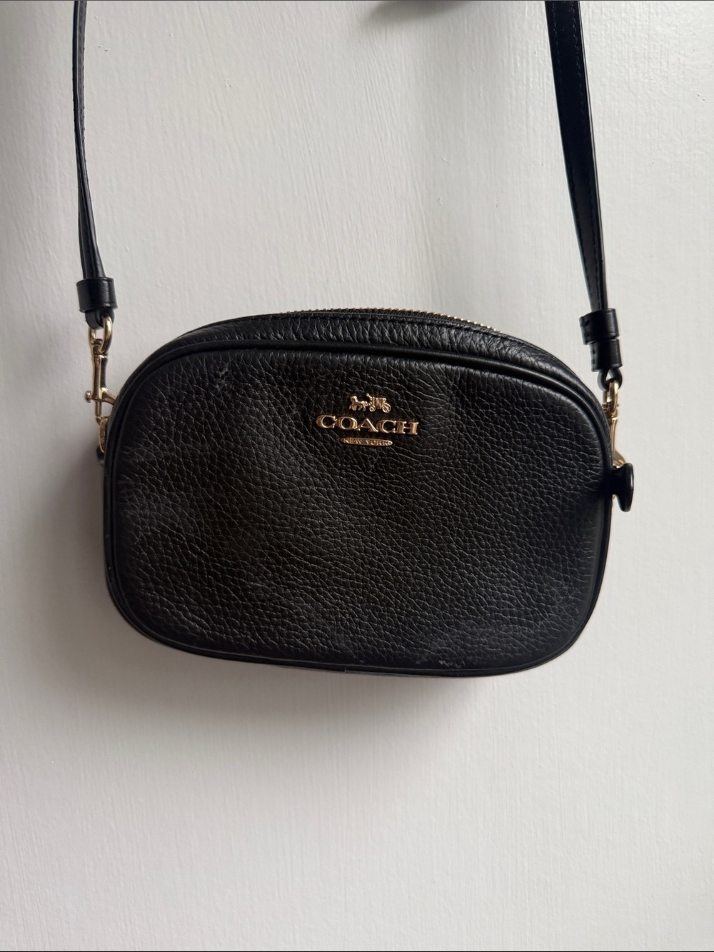 Coach Black Pebbled Leather Mini Crossbody with Gold Logo